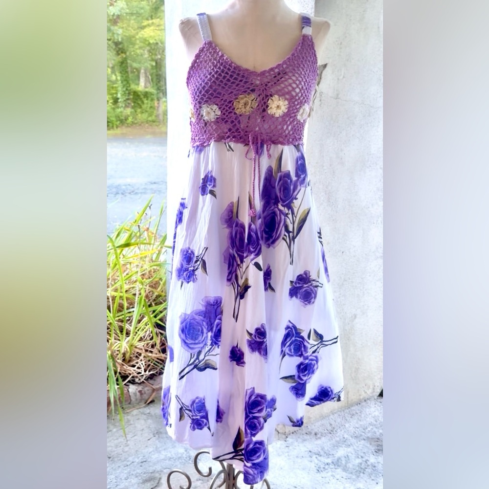 Vintage Crochet & Flyaway Floral Dress Natural Cotton
